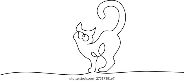 La Imagen representa un simple dibujo de línea de un gato de pie sobre sus patas traseras, con aspecto curioso. El gato está delineado en negro, dándole un aspecto minimalista y elegante. Se encuentra en una línea sutil y ondulada que representa el suelo, agregando una sensación de movimiento a la escena. La cola del gato está curvada hacia arriba, realzando su postura curiosa.
