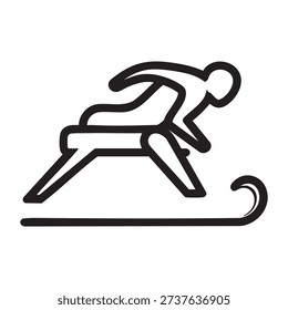 The image depicts a simple line drawing of a person skiing. The skier is shown in a dynamic pose, leaning forward with their arms outstretched and one leg extended behind them. The ski pole is held in the hand on the same side as the extended leg. The skier's other leg is bent at the knee, with the ski edge curled up off the ground. The image is a simple black line drawing on a white background.