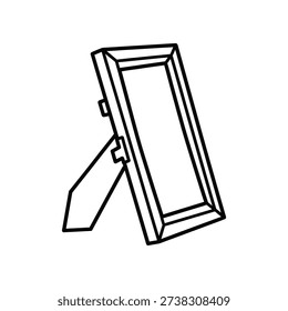 The image depicts a simple line drawing of an easel holding a rectangular framed picture. The easel has a triangular base and a hinged back support that allows the frame to be tilted at various angles for viewing convenience. The drawing is in black and white with clear outlines.