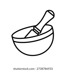 The image depicts a simple line drawing of a mortar and pestle, commonly used in laboratories, pharmacies, and kitchens for grinding and mixing substances into a fine paste or powder. The mortar is a bowl-shaped tool, and the pestle is a cylindrical tool with a handle used for crushing and grinding.