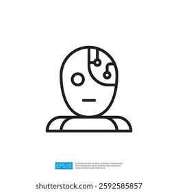 The image depicts a simple, minimalist illustration of a humanoid figure with a robotic design, symbolizing the intersection of humanity and technology.