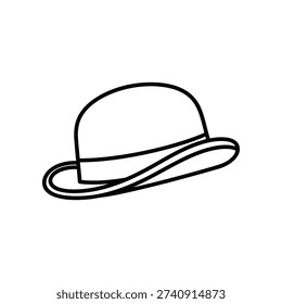 The image depicts a simple, monochromatic line drawing of a bowler hat. The hat features a rounded crown and a narrow brim, characteristic of traditional bowler designs. The drawing is minimalistic, using only black lines on a white background, giving it a clean and timeless appearance.