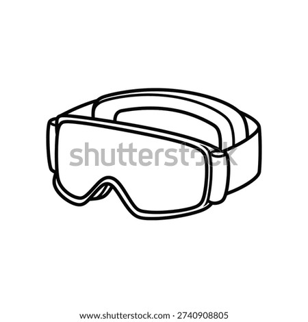 The image depicts a simple, outlined drawing of protective goggles. The design includes a broad frame that covers the eyes and extends over the forehead, with a strap at the bottom meant for securing the goggles around the head. The goggles are shown in a minimalist, monochromatic style, emphasizing their protective and functional purpose.