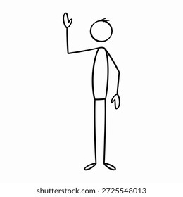 La Imagen representa una simple figura de palo de una persona levantando la mano. La figura está dibujada en un estilo minimalista con líneas básicas que representan el cuerpo, la cabeza y las extremidades. La mano levantada sugiere un gesto de hacer una pregunta, buscar atención o ofrecerse como voluntario para hablar.