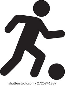 The image depicts a simple stick figure of a person in the act of playing soccer. The figure is shown in a dynamic pose, kicking a soccer ball. This image is often used to represent sports, leisure activities, or physical exercise.