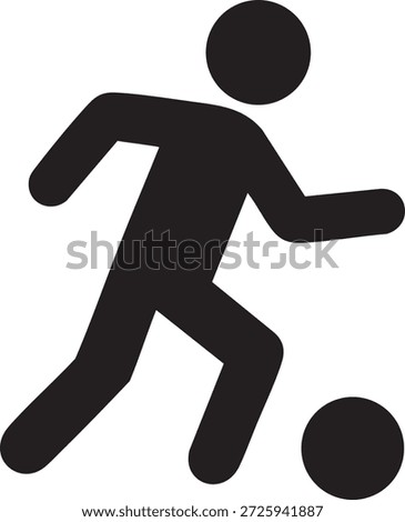 The image depicts a simple stick figure of a person in the act of playing soccer. The figure is shown in a dynamic pose, kicking a soccer ball. This image is often used to represent sports, leisure activities, or physical exercise.