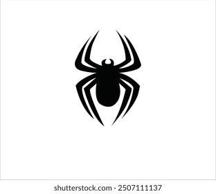 The image depicts simple stylized black spider icon on plain white background. The spider is symmetrical with rounded body and eight sharply pointed legs extending outward creating striking silhouette