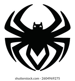 The image depicts simple stylized black spider icon on plain white background. The spider is symmetrical with rounded body and eight sharply pointed legs extending outward creating striking silhouette