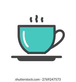The image depicts a simple, stylized illustration of a cup filled with a blue-tinted liquid, likely tea, placed on a saucer. The tea appears to be steaming, indicating that it is hot. The cup has a handle on the right side, and the overall design is minimalistic with smooth, rounded lines.