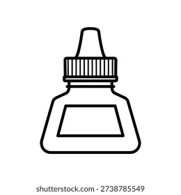 The image depicts a simple, stylized line drawing of an ink bottle. The bottle has a screw-on cap with vertical ridges and a tapered, pointed tip at the bottom. The body of the bottle is cylindrical, and the ink level is not visible, suggesting an emphasis on the bottle's shape and design.