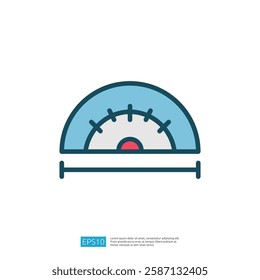 The image depicts a simple, stylized protractor, used for measuring angles in geometry, featuring a semi-circular shape and clear markings.
