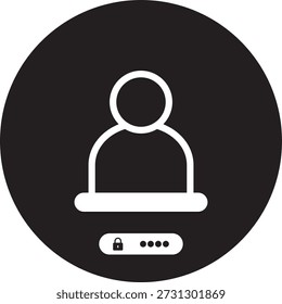 A imagem mostra um ícone de perfil de usuário simples com um símbolo de bloqueio de segurança abaixo dele. O perfil do usuário é representado por uma figura minimalista que consiste em um círculo para a cabeça e um retângulo para o corpo. Abaixo do perfil do usuário, há um ícone de cadeado com três pontos, indicando configurações de segurança ou privacidade. Toda a imagem é colocada contra um fundo preto com contornos brancos.