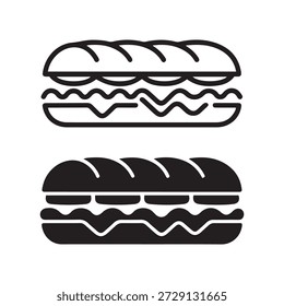 La Imagen representa una representación simple pero icónica de un sándwich. Cuenta con dos sándwiches de arte de línea en blanco y negro, cada uno con una forma larga y rectangular y una línea ondulada que representa el relleno. El sándwich superior se ilustra en un tono más claro, mientras que el inferior está en un tono más oscuro, creando un contraste. Los sándwiches se muestran uno al lado del otro, enfatizando su estructura y contenido similares.