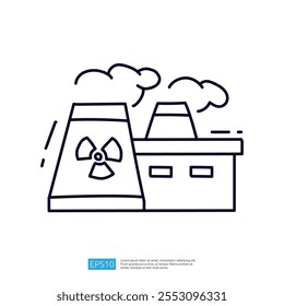 The image depicts a simplified illustration of a nuclear power plant with cooling towers and smoke, symbolizing energy production and environmental concerns.