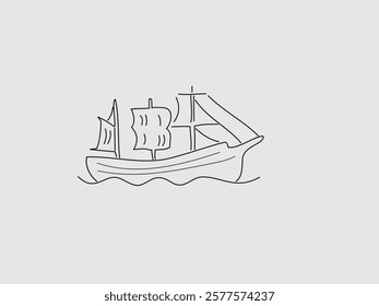 The image depicts a simplified  line art illustration of a sailing ship