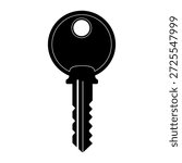 The image depicts a single black key with a round head and serrated edges. The key has a hole at the top, which is typical for keychains or identification purposes. The background is plain white, making the key stand out prominently.