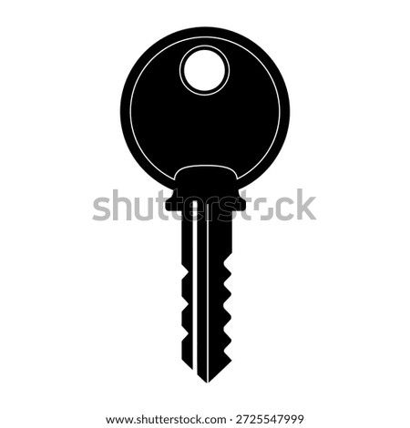 The image depicts a single black key with a round head and serrated edges. The key has a hole at the top, which is typical for keychains or identification purposes. The background is plain white, making the key stand out prominently.