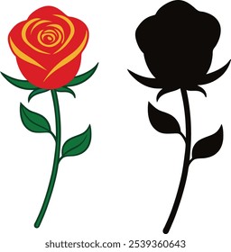 Ein Bild zeigt eine einzige rote Rose mit gelben Wirbeln und grünen Blättern, neben einer schwarzen Silhouette derselben Rose, auch mit grünen Blättern. Beide Rosen sind auf weißem Hintergrund.