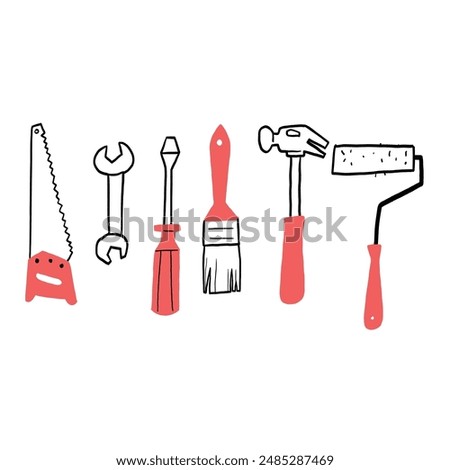 The image depicts six hand tools commonly used in various DIY and construction projects. Hand draw illustration vector doodle style. 