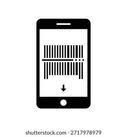 The image depicts a smartphone displaying a barcode on its screen. The barcode consists of vertical black and white lines, with an arrow pointing downwards at the bottom of the screen. This suggests the action of scanning or reading the barcode using the smartphone.