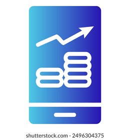 The image depicts a smartphone with a graph showing upward growth and a stack of coins, representing investment growth through a mobile app.
