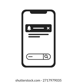 La Imagen muestra la pantalla de un smartphone mostrando un menú de Configuraciones. Muestra una notificación con un icono de campana, lo que indica que las notificaciones están habilitadas. Hay un campo de texto para personalizar la notificación y un Botón de cierre representado por un ícono 'X'. Debajo de las Configuraciones de notificación, hay una barra de búsqueda con un ícono de lupa, lo que sugiere la capacidad de buscar Configuraciones u opciones específicas.