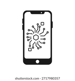 La Imagen muestra una pantalla de teléfono inteligente que muestra un ícono de conexión de red. El icono presenta una representación estilizada de nodos y líneas interconectados, que simbolizan una red compleja o intercambio de datos. El propio smartphone está delineado en negro, enfatizando el contenido de la pantalla.