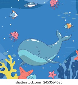 The image depicts a smiling blue whale surrounded by colorful marine creatures such as schools of fish and pink octopuses, playing together in the vibrant deep sea.