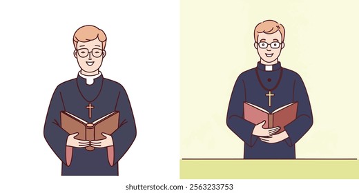 The image depicts a smiling priest in a dark robe holding a bible and wearing glasses.