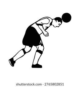The image depicts a soccer player bending forward with their head near the ground, attempting to catch or head a soccer ball. The player is in mid-motion, showcasing a technique often used to stop or redirect the ball during a game. The player is dressed in typical soccer attire, including shorts, socks, and cleats, emphasizing the sport’s physical demands and agility.