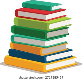 The image depicts a stack of colorful books arranged neatly. The books vary in color, including shades of green, red, blue, and yellow. They are stacked horizontally with their spines facing outward, showcasing a vibrant and diverse collection of literature.