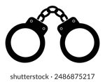 The image depicts a stark contrast between a black silhouette of handcuffs against a pristine white background. The silhouette of the handcuffs is sharp and defined, capturing the intricate details of