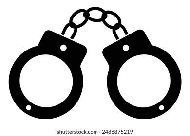 The image depicts a stark contrast between a black silhouette of handcuffs against a pristine white background. The silhouette of the handcuffs is sharp and defined, capturing the intricate details of