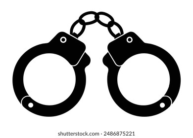 The image depicts a stark contrast between a black silhouette of handcuffs against a pristine white background. The silhouette of the handcuffs is sharp and defined, capturing the intricate details of