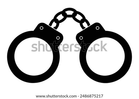 The image depicts a stark contrast between a black silhouette of handcuffs against a pristine white background. The silhouette of the handcuffs is sharp and defined, capturing the intricate details of