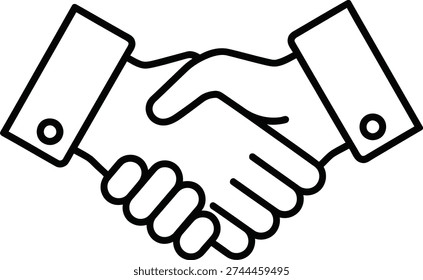 The image depicts a straightforward illustration of a handshake, symbolizing agreement or partnership, in black lines on a white background.