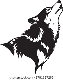 The image depicts a striking black and white illustration of a wolf in mid-howl, showcasing its expressive facial features and flowing fur. The wolf's posture and open mouth emphasize its powerful and wild essence, capturing a moment of raw, natural intensity and primal beauty. The detailed fur texture adds depth, highlighting the animal's strength and grace.
