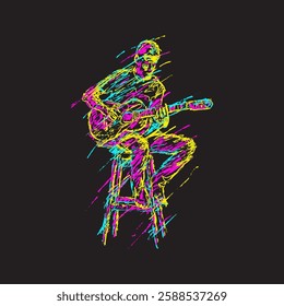 The image depicts a stylized, abstract figure of a musician playing an acoustic guitar. The figure is rendered in vibrant neon colors of yellow, pink, and blue against a black background. The artist u