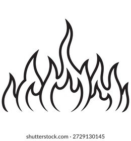 La Imagen representa una estilizada silueta de llamas en blanco y negro. Las llamas se representan de una manera minimalista, con líneas audaces y fluidas que crean una sensación de movimiento y energía. El diseño es simétrico, con las llamas elevándose y curvándose en un patrón equilibrado y armonioso. El marcado contraste entre las líneas negras y el fondo blanco enfatiza las Formas dinámicas y se suma al impacto visual.
