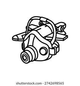 The image depicts a stylized black and white line drawing of a vintage gas mask securely fastened to a military-style aircraft helmet. The mask features a round eyepiece with a strap that loops over the top of the helmet, and there are additional straps securing the mask to the sides of the helmet. The design suggests functionality and protection typical of early aviation gear.
