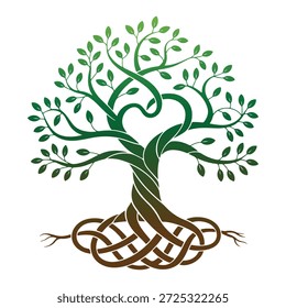 Das Bild zeigt einen stilisierten keltischen Baum des Lebens. Der Baum besteht aus verwobenen Zweigen und Blättern, die das Wachstum, die Vernetzung und den Lebenszyklus symbolisieren. Die Wurzeln sind in einem keltischen Knotenmuster dargestellt, das Stärke und Einheit repräsentiert. Das Gesamtdesign ist elegant und aussagekräftig, wird oft in keltischer Kunst und Symbolik verwendet.