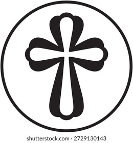 La Imagen representa una cruz estilizada encerrada dentro de un marco circular. La cruz está diseñada con líneas simétricas y fluidas que le dan un aspecto elegante y artístico. La cruz es negra, destacando sobre el fondo blanco del círculo. El círculo en sí tiene un delgado borde negro, enfatizando aún más el símbolo central. Este diseño a menudo se asocia con varias denominaciones cristianas y puede simbolizar la unidad, la protección y la intersección de lo divino y lo terrenal.
