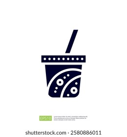 The image depicts a stylized drink cup with a straw, featuring a decorative design, symbolizing beverages like smoothies or milkshakes.