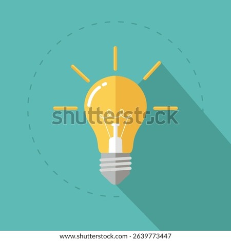 Image depicts a stylized flat design of a yellow lightbulb with light rays, on a teal background. It also includes a dashed circle and long shadow.