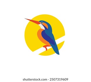 The image depicts stylized, geometric illustration of kingfisher bird, characterized by vibrant colors and clean angular lines. The bird is rendered in bold shades of blue orange and red set. 