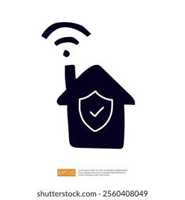 The image depicts a stylized house with a shield and a Wi-Fi symbol, representing home security and connectivity.