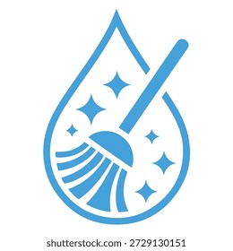 Das Bild zeigt ein stilisiertes Symbol mit einer Tröpfchenform, in der sich Mopp und Besen befinden. Die Tröpfchenform symbolisiert Wasser, das oft mit Reinigung und Hygiene verbunden ist. Der Mopp und der Besen sind Werkzeuge, die üblicherweise für die Reinigung verwendet werden, und die Funkeln um sie herum deuten auf ein glänzendes, sauberes Ergebnis hin. Das Gesamtdesign beinhaltet Sauberkeit, Sanitäreinrichtungen und Wartung.