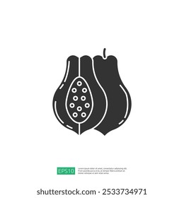 La Imagen representa una ilustración estilizada de una fruta, probablemente una papaya, cortada por la mitad para revelar sus semillas y su interior carnoso.