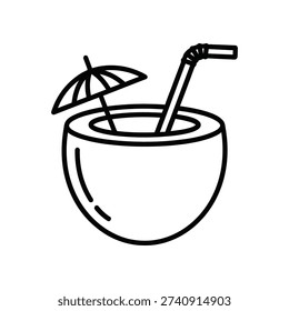 The image depicts a stylized illustration of a refreshing drink served in a hollowed-out coconut shell. A green straw protrudes from the coconut, and a small, folded umbrella is placed on top, suggesting a fun, tropical beverage perfect for a warm day or beach setting. The drawing is minimalistic, using simple lines to convey the essence of a vacation drink.
