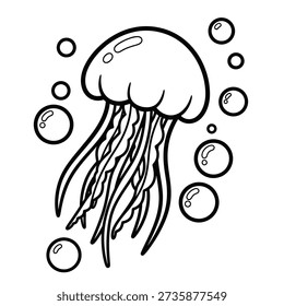 The image depicts a stylized jellyfish with a rounded, bell-shaped body and long, flowing tentacles. It is floating in a simplistic underwater scene, surrounded by variously sized circular bubbles. The drawing is done in a clean, black-and-white line art style, giving it a playful and cartoonish appearance. The bubbles around the jellyfish add a sense of movement and depth to the scene, suggesting a gentle, underwater environment.